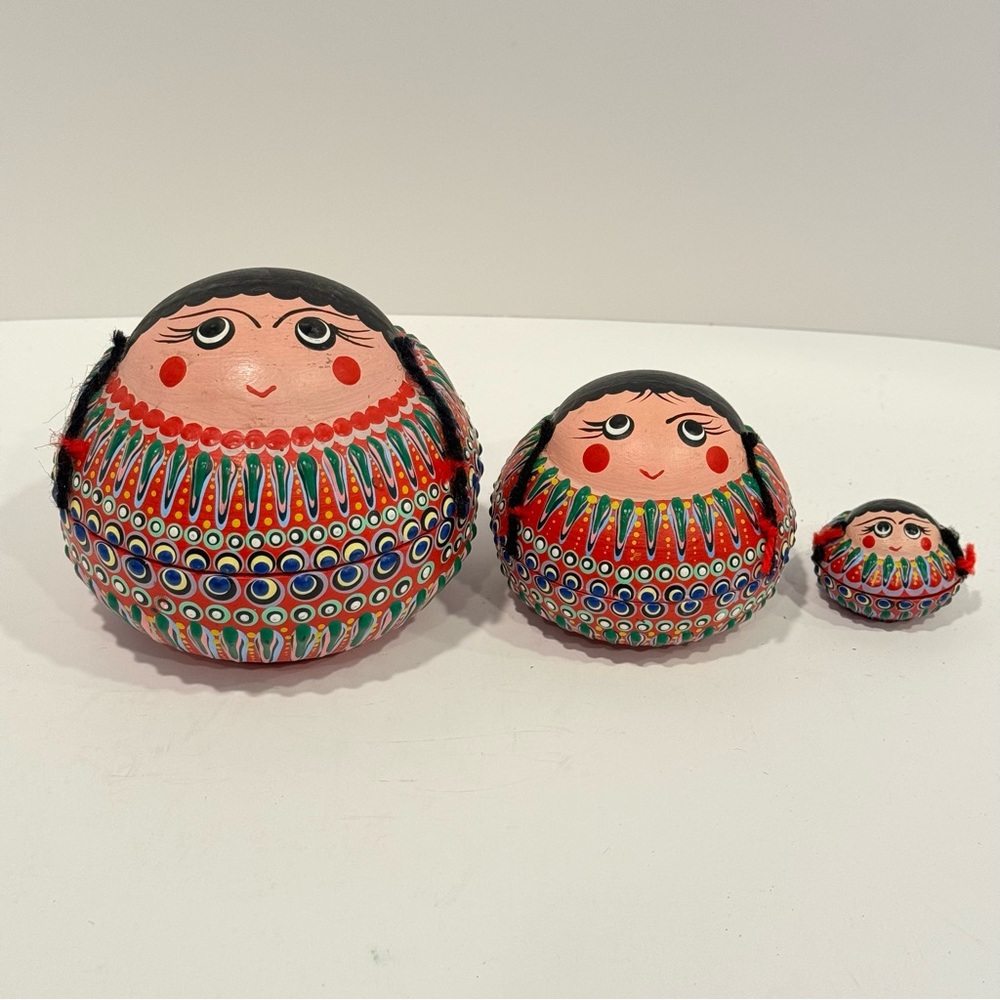 Terra Cotta Folk Art Round Set 3 Trinket Nesting Dolls Box Braids Painted Dress